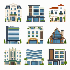 Fototapeta premium Diverse set of nine flat vector illustrations of hotel buildings in different styles.