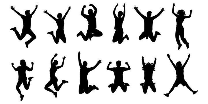 Happy jumping people silhouettes set showing energetic celebration motion poses for active lifestyle marketing materials or joyful community events.