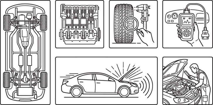 Set of automotive repair and vehicle maintenance line art icons showing engine and diagnostic procedures