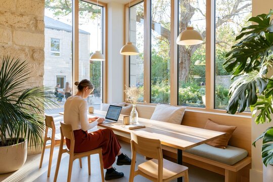 Person working alone in quiet cafe corner with large window and natural light