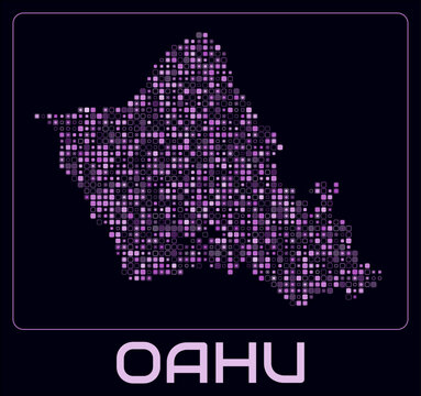 Oahu digital style map. Small roundedSquare dots on dark background. Dotted shape of the island. Oahu map and title. Amazing vector illustration.