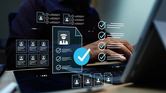 Holographic digital recruitment and candidate approval, Business professional uses a laptop with digital employee profiles, resume forms and checkmarks for online recruitment