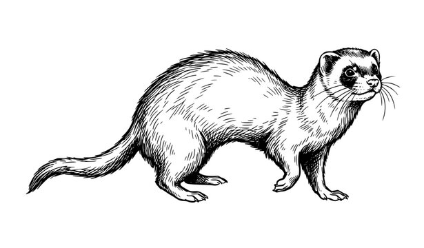 Ferret Walking Natural Pose Hand Drawn Vintage Black Line Vector Sketch