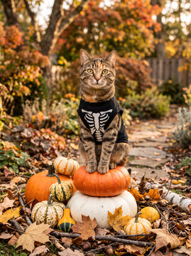 Tabby cat wearing skeleton costume sitting on stacked pumpkins in autumn garden pathway covered with colorful fallen leaves outdoor. American carnival for Halloween celebrating concept with copy-space