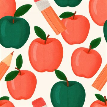 Seamless pattern of illustrated apples and pencils. School supplies and fruit background