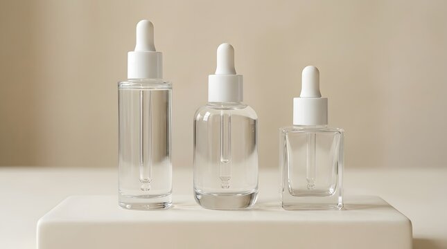 Three clear glass cosmetic serum bottles with white pumps and droppers arranged on a minimalist stone pedestal