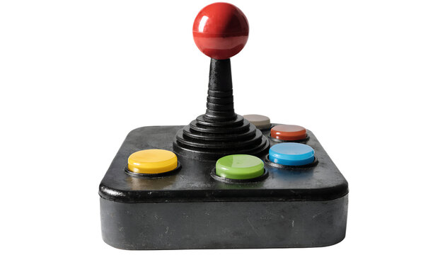 Retro arcade joystick controller, isolated PNG, transparent background, chunky black rectangular base with large upright joystick topped by a warm red ball, several colorful round control buttons