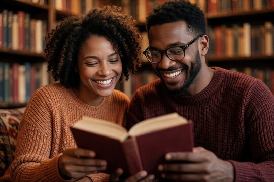 Young afro couple reads book together in library. Smiling man glasses woman enjoy story time. Black people bonding, sharing knowledge, learning in cozy indoor setting.