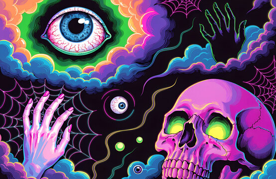 Crazy psychedelic colorful Halloween background in spray style