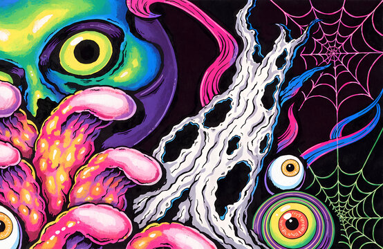 Crazy psychedelic colorful Halloween background in spray style