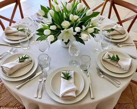 Elegant table set for guests with white tulips centerpiece and neutral linens