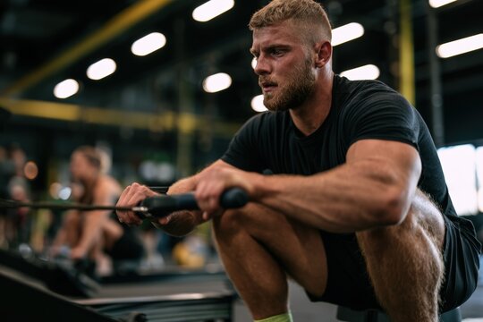 Male athlete transitioning from rowing machine to squat exercise in industrial gym