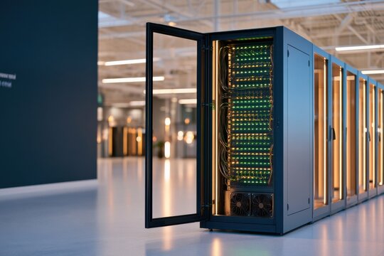 Industrial server cabinet with open door in data center for edge computing and technology infrastructure