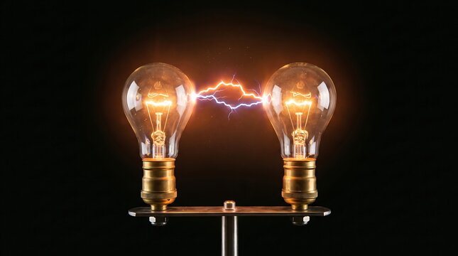 Electric arc connecting two glowing light bulbs, high voltage electrical spark between glass lamps, energy and innovation concept