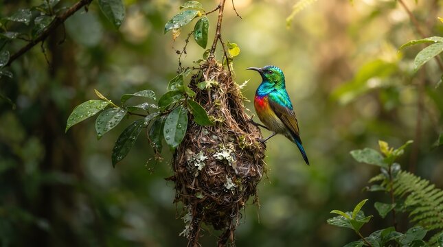 Rainbow sunbird perched on a hanging nest in a lush tropical forest environment.