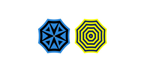 Summer vacation beach umbrella icon set featuring blue geometric and yellow striped patterns for leisure travel themes. © Jpeg shop opened