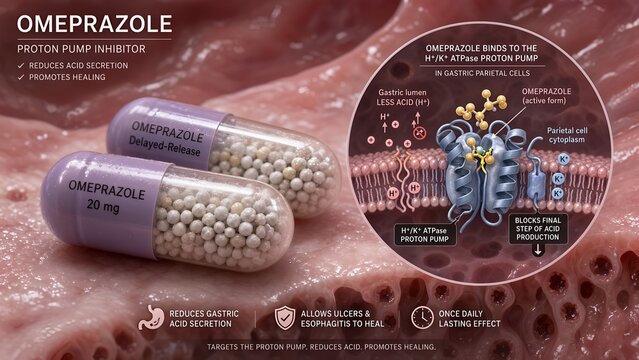 Medical omeprazole capsules concept featuring a microscopic inset of the drug blocking the h+/k+ atpase proton pump in gastric parietal cells with stomach lining background