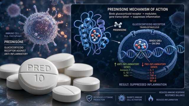 Prednisone tablets with a scientific microscopic inset showing the drug binding to a glucocorticoid receptor to suppress inflammation inside an immune cell
