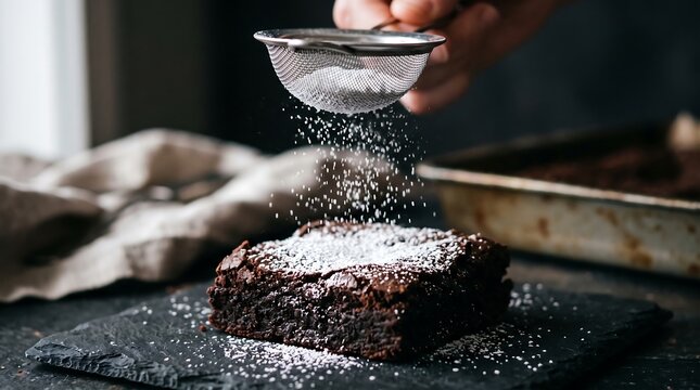Chocolate brownie with powdered sugar dusting, dark fudge cake on slate board, homemade dessert baking process with sifter