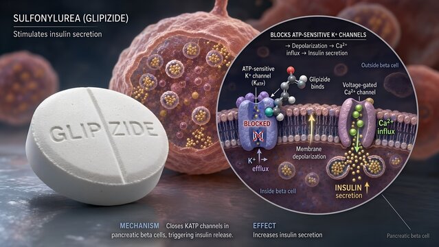 Glipizide sulfonylurea tablet with a zoomed inset illustrating the drug blocking potassium channels in pancreatic beta cells to trigger insulin secretion