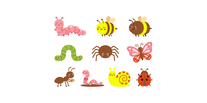 Cute cartoon insects like bees caterpillars and spiders for kids design elements and decorations.
