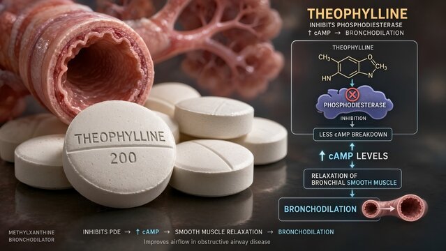 Theophylline tablets with a zoomed inset showing the drug inhibiting phosphodiesterase, increasing camp levels and causing bronchodilation with a bronchiole background