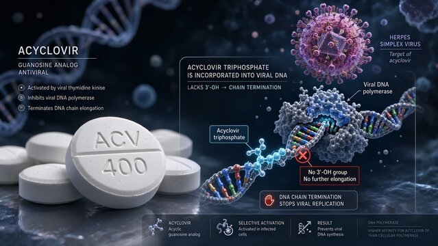 Acyclovir antiviral pills with a scientific inset demonstrating the drug incorporating into viral dna to stop chain elongation, with herpes simplex virus visible in the background