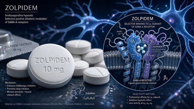 Zolpidem tablets on a surface with a zoomed scientific inset showing the drug binding selectively to the alpha-1 subunit of the gaba-a receptor, neuron in background