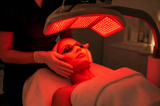 Aesthetician Performing Facial Treatment Under Red LED Light Therapy Panel
