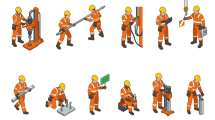 Fototapeta premium Construction workers in orange safety gear performing various tasks.