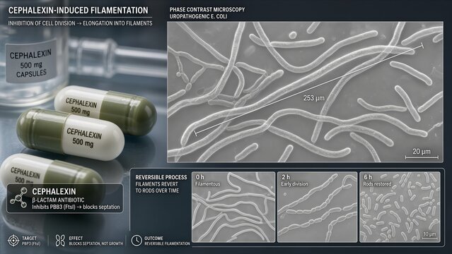 Cephalexin medication capsules with a microscopic inset showing uropathogenic e coli cells elongating into filaments due to cell division inhibition and phase contrast view