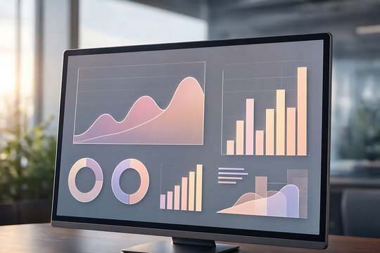 Detailed monitor screen displaying various financial data visualizations including line graphs, bar charts, and pie charts for business analytics