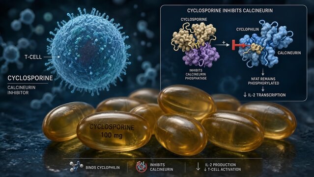 Cyclosporine medication capsules with a scientific microscopic inset showing the drug blocking calcineurin activity, with a human t-cell visible in the background