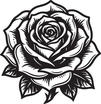 Black and white line art vector illustration of a detailed blooming rose flower with intricate petals and leaves