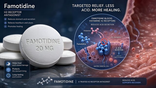 Gastrointestinal treatment famotidine pills paired with a microscopic zoomed graphic showing h2 receptor blockage on parietal cells and reduced acid production