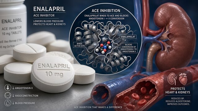 Enalapril medication tablets with a microscopic inset showing the drug binding to the ace enzyme, featuring a human kidney and blood vessel visible in the background