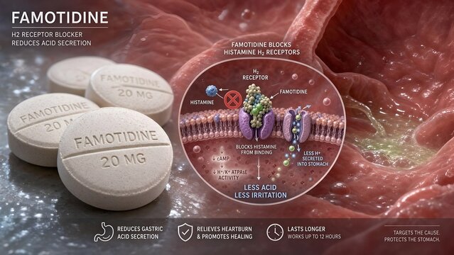 Famotidine medication tablets with a scientific inset demonstrating the drug blocking histamine h2 receptors on gastric parietal cells to reduce stomach acid secretion