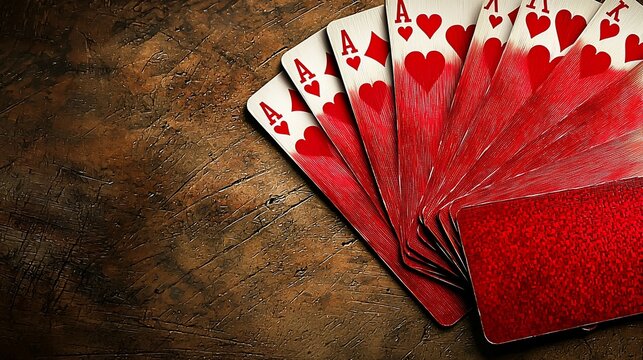 Four aces fanned out on rustic wood.