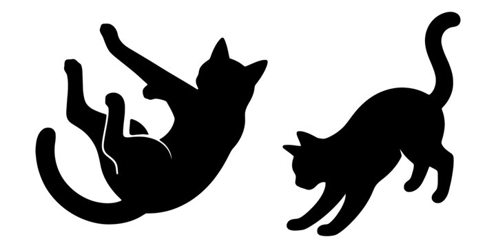 Rolling and pouncing action black cat vector silhouette set