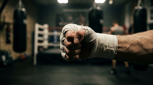 Boxer fist with white hand wraps, close up of athlete hand in boxing gym, gritty combat sports training background