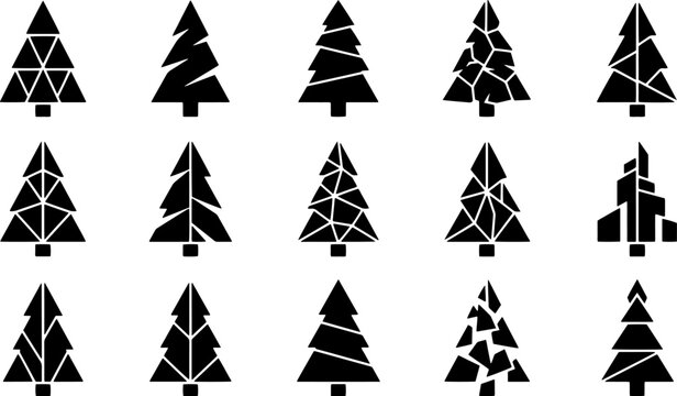 Christmas pine tree vector collection with geometric shapes for winter holiday.