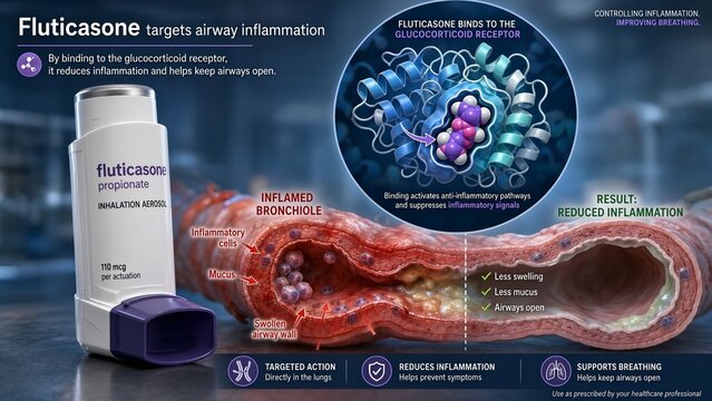 Respiratory fluticasone inhaler for asthma management featuring a zoomed cellular graphic of glucocorticoid receptor binding within an inflamed bronchiole