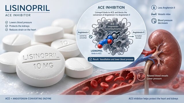 Cardiovascular lisinopril pills accompanied by a detailed microscopic graphic demonstrating angiotensin-converting enzyme blockage affecting blood vessels