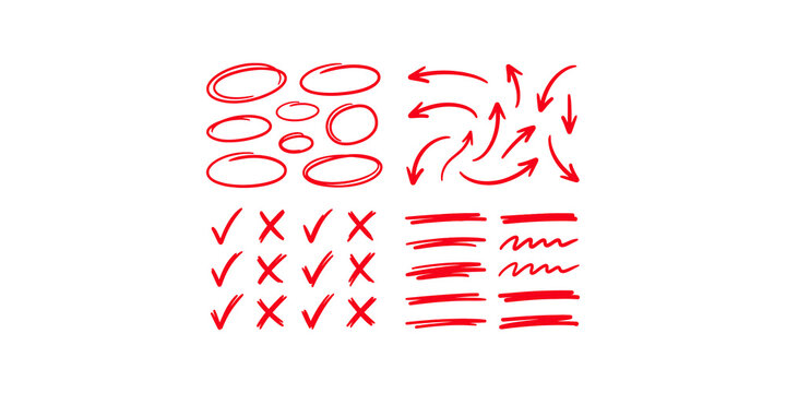 Hand drawn red marker circles arrows checkmarks and scribbled lines set for document annotation and editorial review.