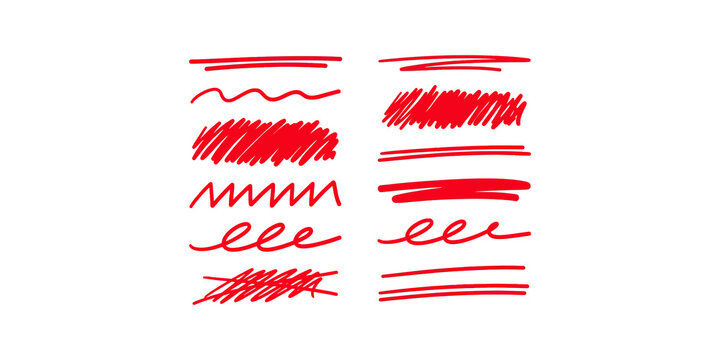 Set of various hand drawn red scribbles and underlines for text emphasis highlighting and editorial layout correction.