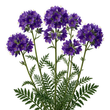 Sky Pilot (Polemonium viscosum) clusters of deep purple flowers isolated on transparent background showcases vivid blue-violet blossoms with yellow stamens and lush pinnate foliage studio cut out.