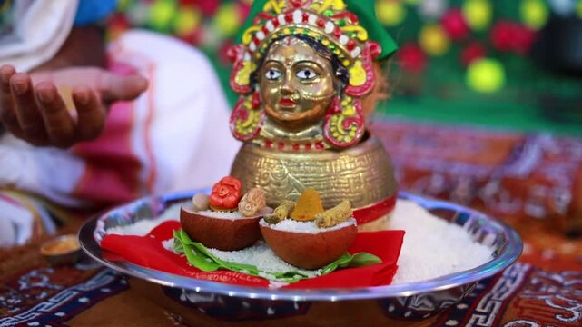 Traditional Hindu Religious Offering with Brass Goddess Idol