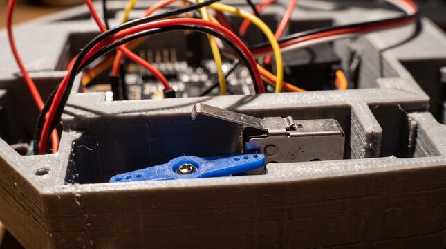 Conceptual extreme macro of a micro limit switch being pressed by a servo arm