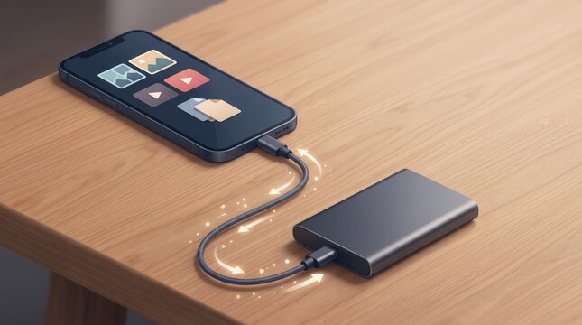 Phone charging from external hard drive on wooden table