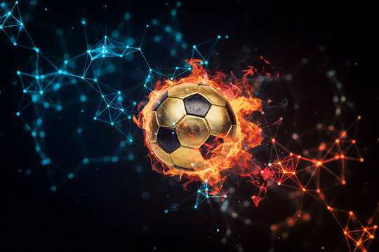 A golden soccer ball engulfed in flames floats amidst a network of glowing polygonal lines